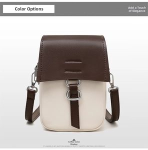 Detail of coffee and off-white crossbody phone bag with metal ring buckle and thin strap