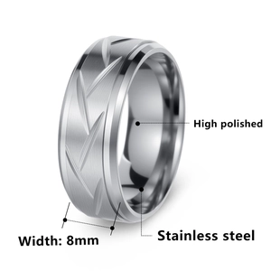 8mm silver stainless steel ring for men with brushed leaf pattern and polished inner band
