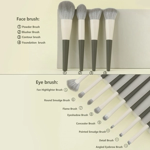 Detailed overview of 12-piece travel makeup brush set with face and eye brushes