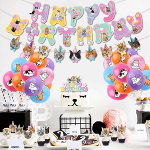 Detailed set of colorful cat themed party balloons, banners and cake toppers for birthday