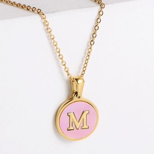 Gold letter M round pendant necklace with pink shell inlay for women's birthday gift