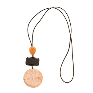 Long geometric resin pendant sweater necklace with orange and black marble patterns