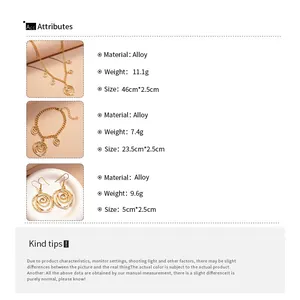 Size chart showing necklace, bracelet, and earrings dimensions for hollow rose jewelry set