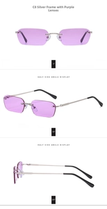 Multi-angle views of rimless rectangular sunglasses with silver frames and purple lenses