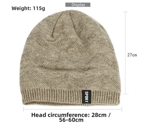 Detail of khaki knitted beanie with sport label and thick zigzag pattern texture