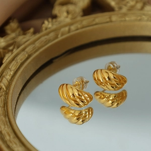 Croissant Stud Earrings Titanium Steel 18K Gold Plated Twisted Spiral Chunky Dome French Vintage Style For Women