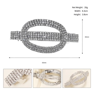Silver metal hair clip with rhinestones showing dimensions 8.3cm width and 3.8cm height