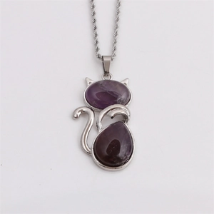 Silver stainless steel twist chain necklace with a cute cat pendant featuring purple amethyst