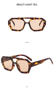 Detailed front and side views of double-bridge tortoiseshell aviator sunglasses with tea lenses
