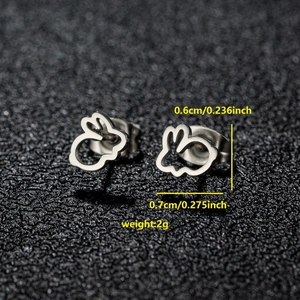 Detail view of silver rabbit stud earrings showing 0.6cm x 0.7cm size and weight specs
