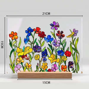Detailed view of 21x15cm acrylic floral desk decor with dimensions and wooden base