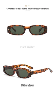 Detail view of tortoiseshell narrow square sunglasses with dark green lenses and metal accents