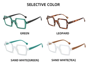 Collage of square reading glasses in green, leopard, and sand white matte frames