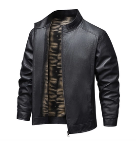 Detailed view of men's black faux leather jacket featuring thick warm fleece lining and stand collar