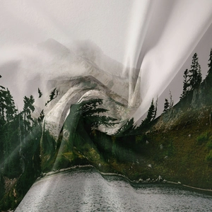 Detail showing high-quality fabric texture with mist forest and mountain landscape print