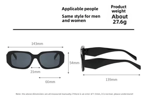 Detailed dimensions of black retro rectangular sunglasses with frame and lens measurements