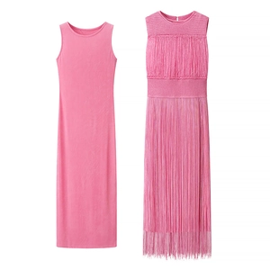 Pink two-piece knit dress set featuring a sleeveless maxi dress and a stylish fringe overlay