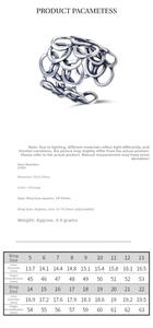 Detailed size chart for 925 sterling silver vintage adjustable wide ring parameters