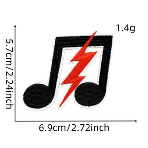 Detail showing musical note and lightning embroidery patch with dimensions 5.7cm x 6.9cm