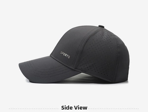 Close-up of laser-cut breathable holes and SPORTS text on dark grey baseball cap