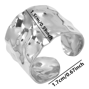 Detail shot of silver hammered texture open ring showing width and diameter dimensions