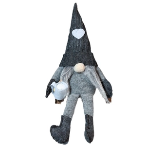 Gray Christmas gnome plush with knit heart hat and coffee cup holiday tree decoration