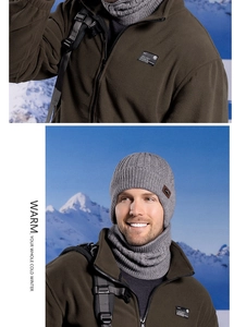 Detail of warm grey knit beanie and neck gaiter set with soft fleece lining for winter