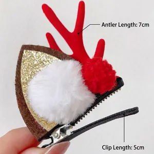 Christmas antler hair clips with red flocking, white pom poms and golden sequins
