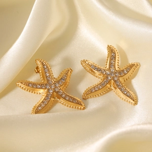 Starfish Stud Earrings Stainless Steel Ocean Sea Style Gold Plated Rhinestone Waterproof Jewelry For Women