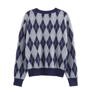 Classic argyle knit sweater with diamond pattern and ribbed trim on a white background