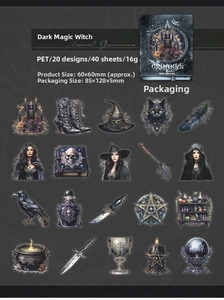 Detail view of 20 unique dark magic witch PET stickers with black cats and gothic motifs