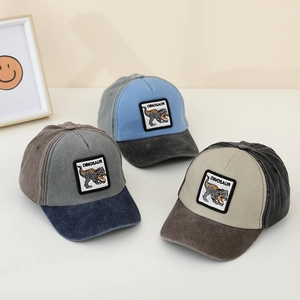 Close-up of vintage washed cotton kids baseball caps with embroidered dinosaur patches
