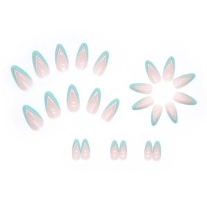 Mint green French almond press-on nails featuring minimalist white V-shaped line details