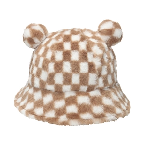 Close-up of soft plush texture on brown and white checkered bucket hat with bear ears