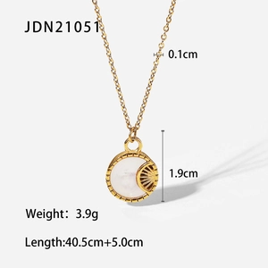 Detail of 18K gold plated moon necklace with white shell pendant and product dimensions