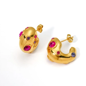 Irregular C-shaped 18K gold plated earrings with pink and purple zircon gemstones