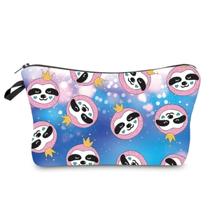Detail of cartoon sloth makeup bag featuring gradient colors and durable side strap
