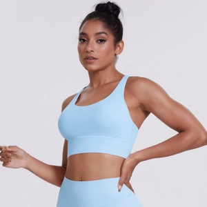 Set reggiseno sportivo azzurro e pantaloni da yoga a vita alta senza cuciture per fitness