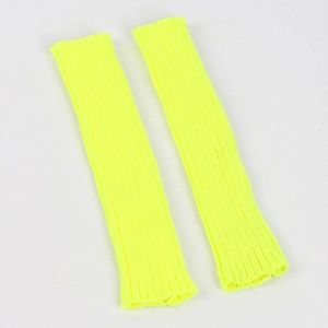 Macro detail of fluorescent yellow knit arm warmers showing soft ribbed texture and long shape