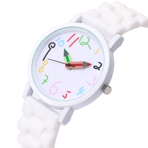 Kids quartz watch with white silicone strap and colorful pencil hands on clean background