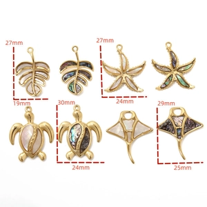 Detailed dimensions of gold shell pendants in leaf, starfish, turtle, and ray shapes