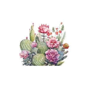 Artistic detail of watercolor tropical cactus and pink flower wall decal for bedroom