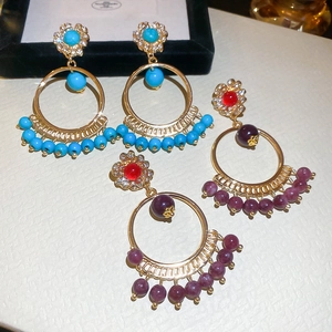 Bohemian retro round beaded tassel earrings with crystal flower stud in gold finish