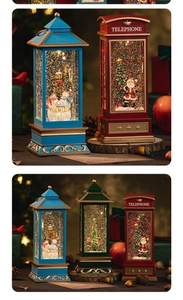 Close-up of vintage Christmas water lanterns with snowmen and a red telephone booth