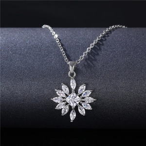 Elegant silver flower pendant necklace with marquise and square cut marquise zircons