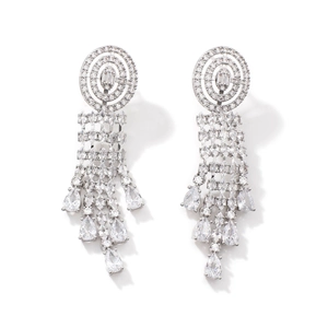 Elegant silver tassel earrings with zircon water-drop pendants and layered fringe design