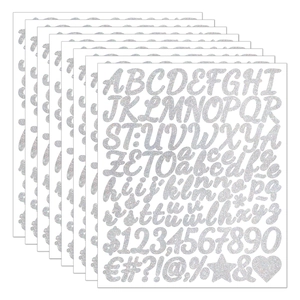 Detail of 8-sheet silver holographic glitter alphabet and number sticker set for DIY crafts