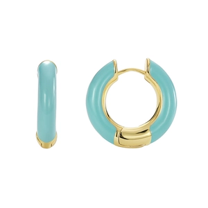 Minimalist golden hoop earrings with turquoise enamel inlay, front and side views