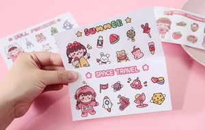 Close-up of cute cartoon waterproof PVC stickers for water bottles and notebooks