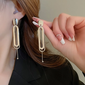 Minimalist silver geometric double-layered long drop earrings for a modern look